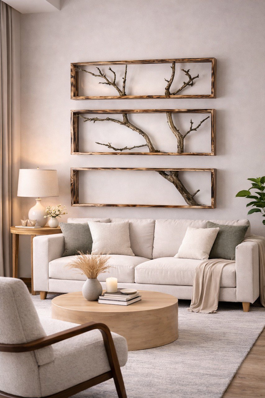 Handmade branch wall art installation above a sofa