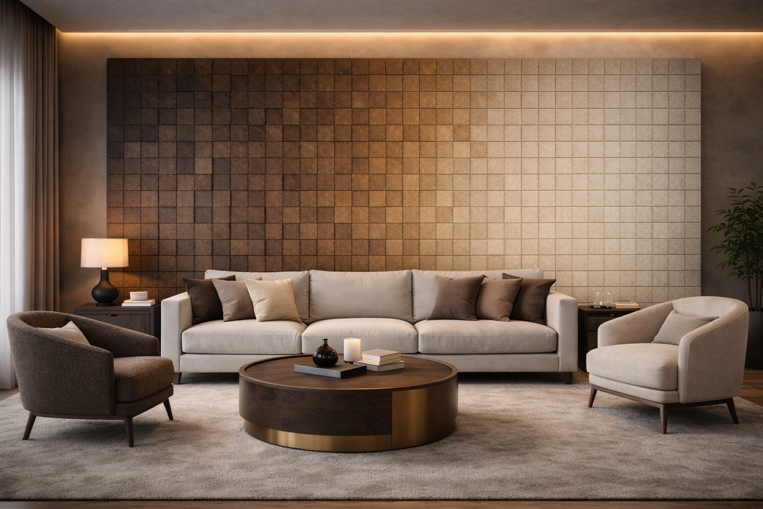 Gradient wood wall panel installation behind a beige sofa
