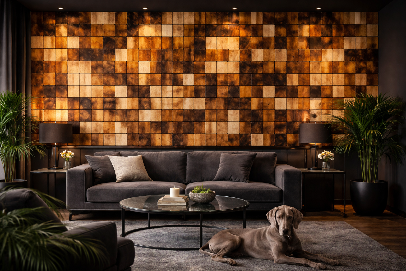 Gradient wood wall panel installation in a dark living room