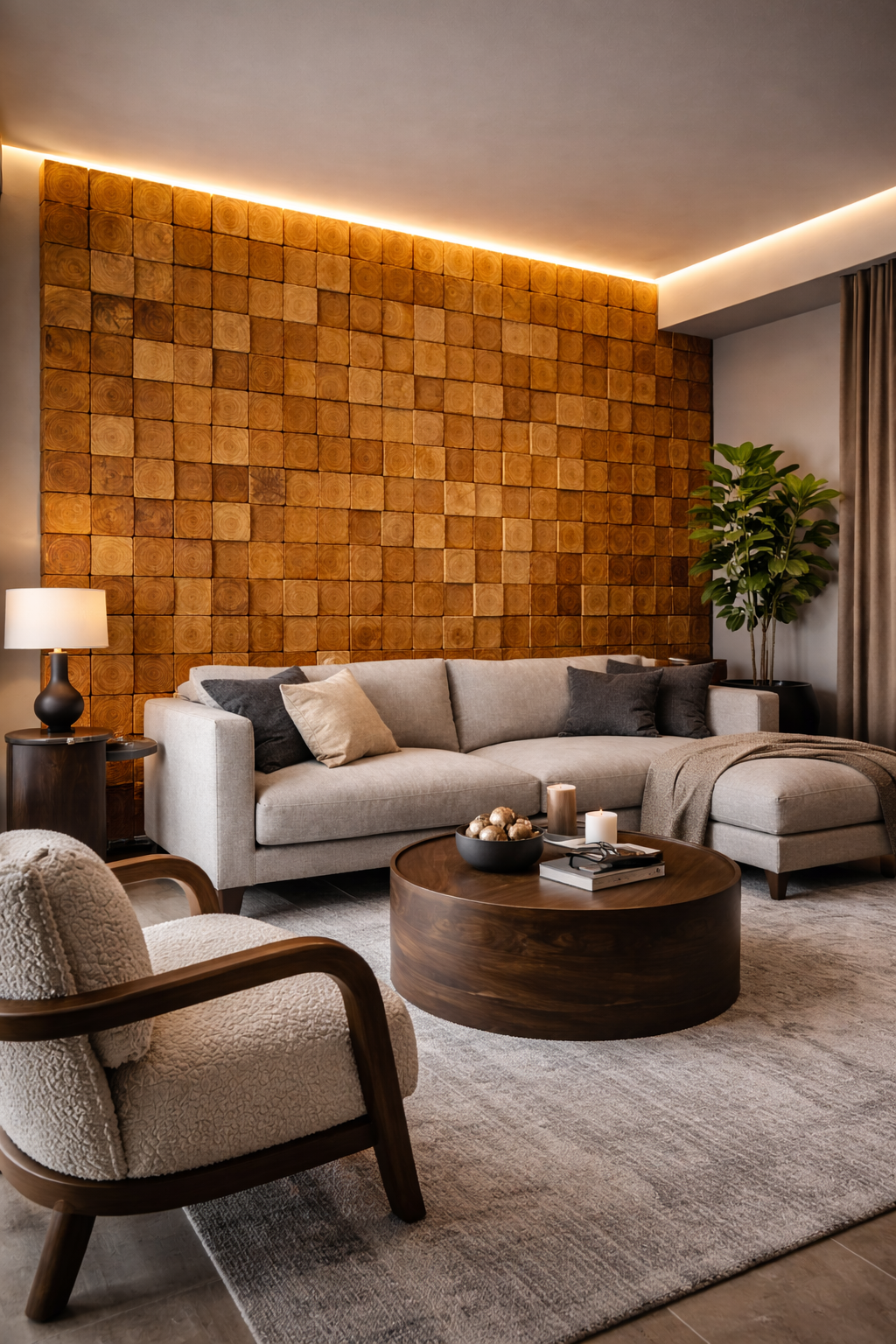 Geometric wood panel wall above a sectional sofa