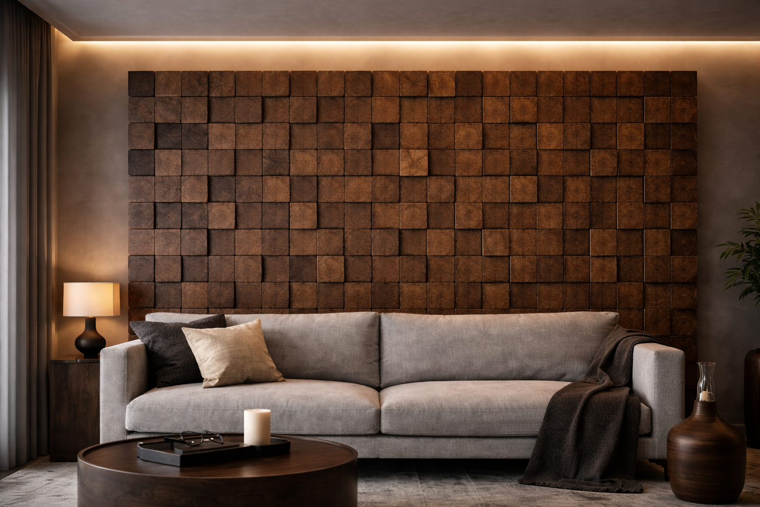 Geometric wood panel feature wall behind a sofa
