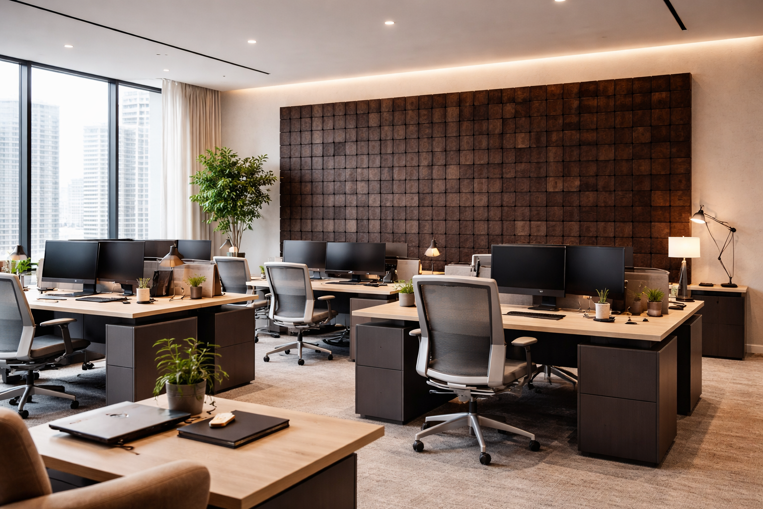 Geometric wood panel installation in a modern office