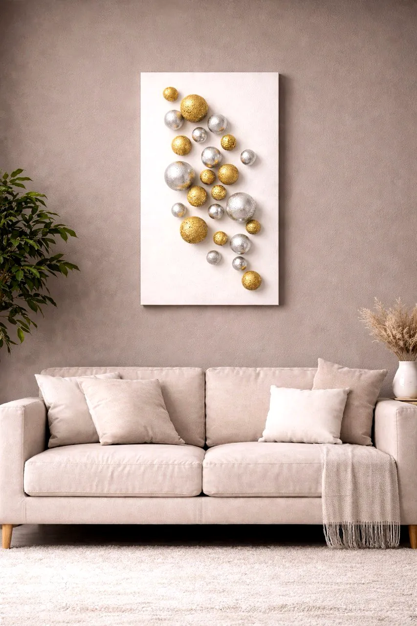 Handmade decorative wall art with gold and silver spheres