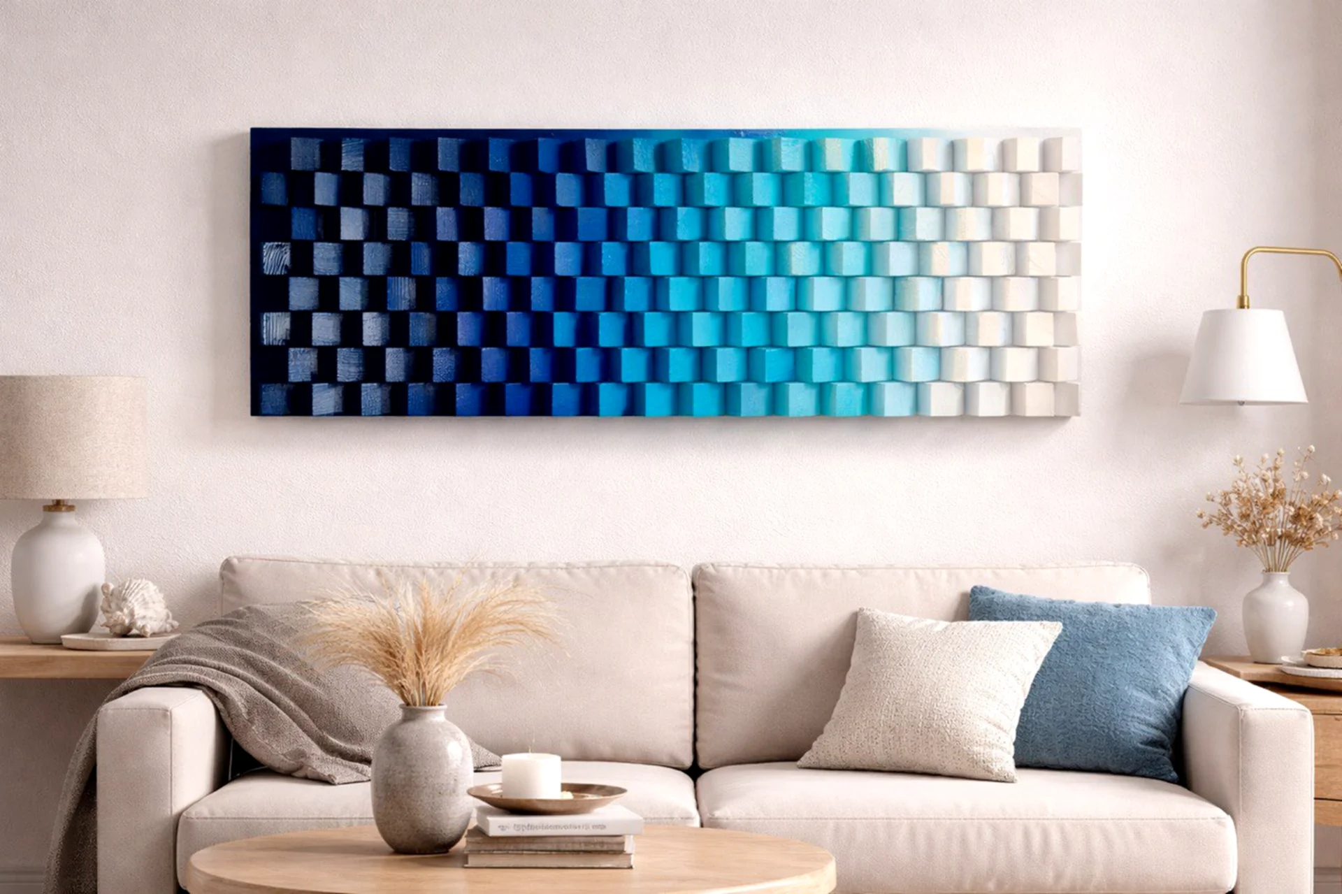 Handmade blue geometric wall artwork above a sofa