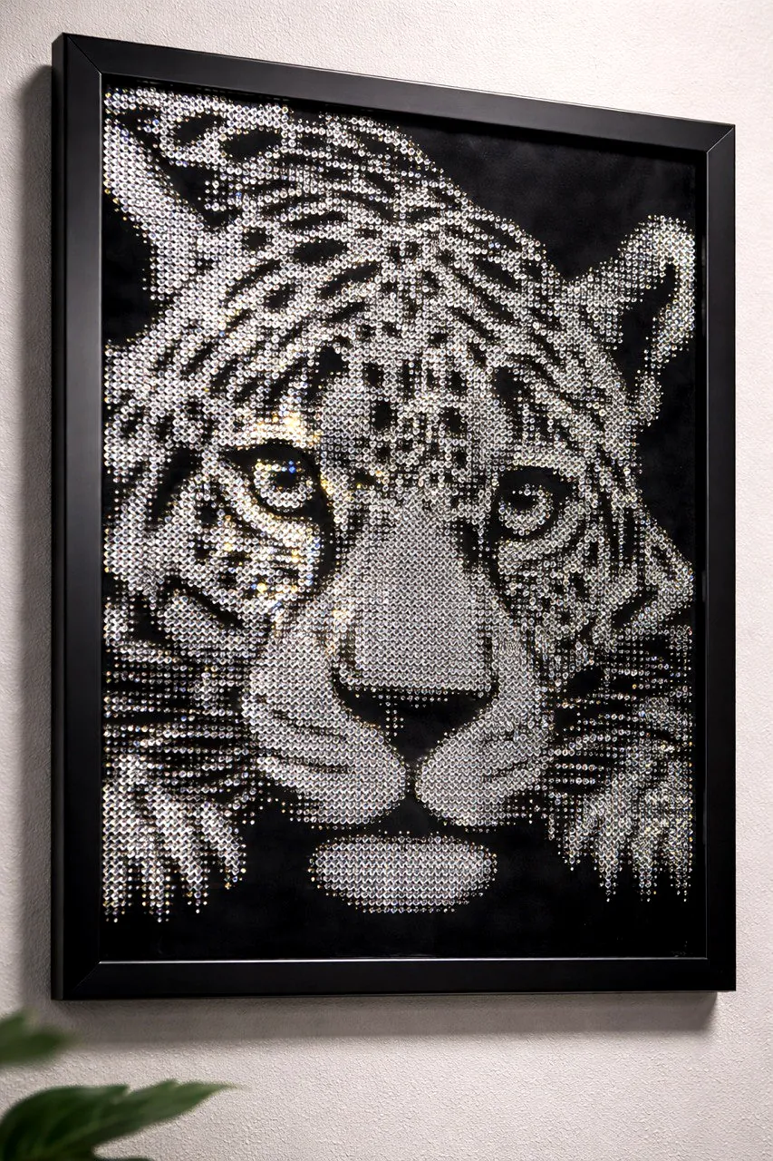 Handmade framed tiger artwork with crystal detailing