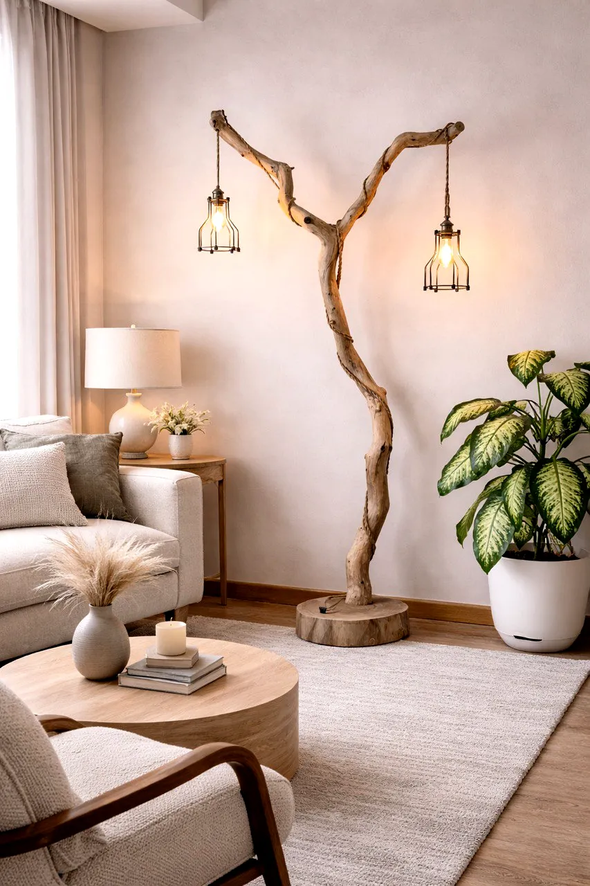 Custom wood craft sculptural floor lamp in a living room corner