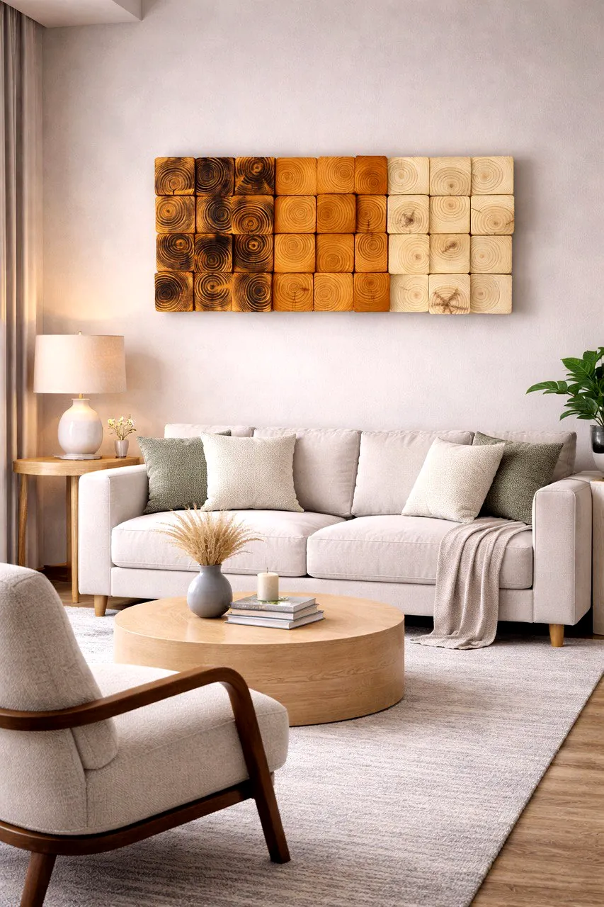 Handmade wood block wall art above a sofa